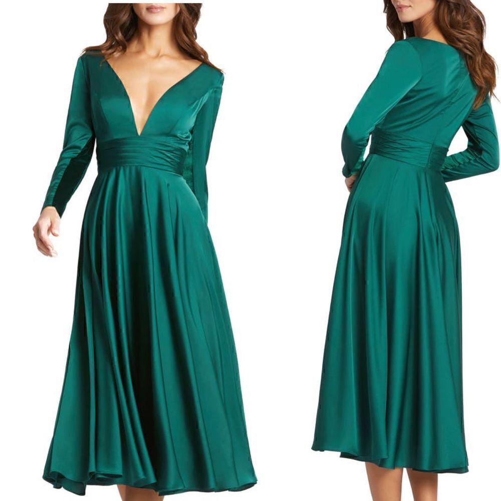 Mac Duggal Long Sleeve Plunge Neck Cocktail Midi Dress SZ16